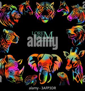 Rahmen mit bunten verschiedenen Tieren. Afrika färbte abstrakt mit Tieren. Handzeichnung. Nicht AI, Vektorillustration Stock Vektor