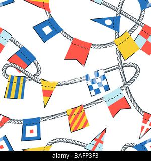 Farbenfrohe Fahnen und nahtloses Muster aus Seilen. Vektor-handgezeichnete Illustration auf weißem Hintergrund. Textildruck im Marine-Yachtstil im Sommer Stock Vektor