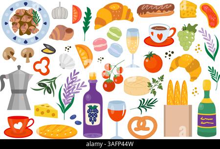 Französische Küche. Nationale Küche Frankreichs, traditionelle französische Getränke. Symbole für das Menü. Vektorabbildung Stock Vektor