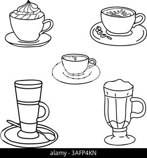 Kaffeeset. Cappuccino, Americano oder Espresso, mit Schlagsahne, Latte, Irish oder Iced Coffee Cocktail Tassen. Tintenzeichnung im Doodle-Stil. Ideal für Stock Vektor