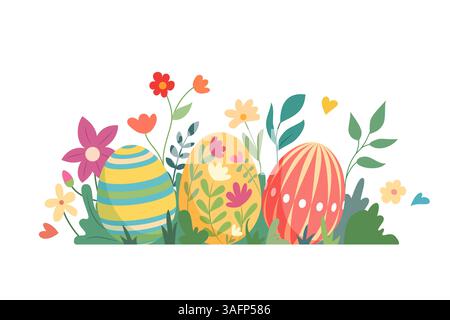 Lebhafte Ostereier umgeben von Blumen und Grün Stock Vektor