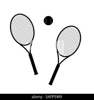 Ein einfaches Set aus Silhouetten aus Tennisball und Schlägern. Das flache Design ist isoliert auf weißem Hintergrund, perfekt für sportliche Projekte Stock Vektor