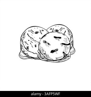 Vektor drei Eiskugeln handgezeichnet Skizze Illustration in monochromer Stil. Schwarz-weiße Vanille, Schokolade, Erdbeerlöffel, Ätzzeichnung Stock Vektor