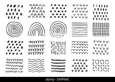 Sammlung von handgezeichneten abstrakten Doodle-Mustern mit verschiedenen Formen und Linien. Geometrische, einfache, minimalistische Muster Stock Vektor