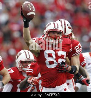 22. September 2012 - Madison, WI, USA - Wisconsins Jake Stengel (82) feiert im vierten Quartal im Camp Randall Stadium in Madison, Wisconsin, am Samstag, 22. September 2012 eine Erholung gegen die University of Texas-El Paso. Wisconsin besiegte UTEP 37-26. (Kreditbild: © Rick Wood/MCT/ZUMAPRESS.com) Stockfoto