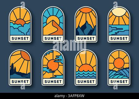 Sammlung von farbenfrohen Abzeichen bei Sonnenuntergang mit Bergen, Meer, Wellen und Sonne Stock Vektor