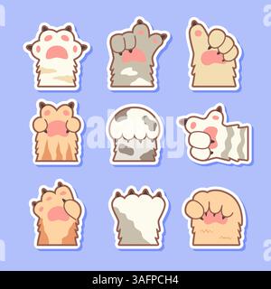 Set von Karikaturkatzenpfoten in verschiedenen Positionen, als Sticker-Illustrationen auf pastellfarbenem Hintergrund Stock Vektor