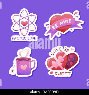 Set mit vier romantischen Aufklebern zum Valentinstag mit Herzen, Schokolade, einer Teetasse und einer atomaren Liebe Stock Vektor