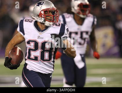 New England Patriots S Steve Gregory gibt im ersten Quartal eine Abhörmeldung zurück. The Baltimore Ravens vs the New England Patriots im M&T Bank Stadium am 23. September 2012 in Baltimore, MD. Foto: Mike Buscher/Cal Sport Media(Credit Image: © Mike Buscher/Cal Sport Media/ZUMAPRESS.com) Stockfoto