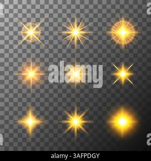 Set mit goldenen Lichtern und Starburst-Effekten. Festliche Dekorationen und realistische Lichter Stock Vektor