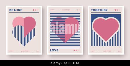 Drei minimale Valentinskarten mit Herzen, Streifen und einfacher Typografie in Pink, Blau und Beige Stock Vektor