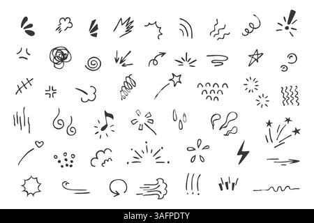 Satz handgezeichneter Skizzen, einschließlich Symbolen, Bewegungslinien und dekorativen Elementen Stock Vektor