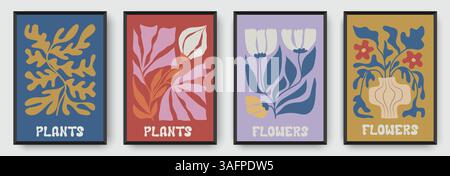 Set aus vier modernen botanischen Postern mit abstrakten Blumenabbildungen in kräftigen Farben. Minimalistische Wandkunst mit Pflanzenmotiven Stock Vektor