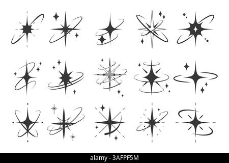 Set mit funkelnden Starburst-Elementen in verschiedenen Stilen. Sternenbruch, Sternenblitz. Leuchtende Lichter, leuchtende Strahlen und Flare-Effekt Stock Vektor