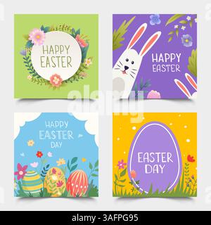 Sammlung quadratischer Osterkarten mit Häschen, Eiern und Blumen Stock Vektor