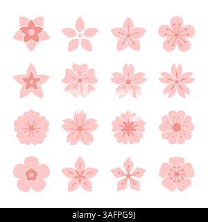 Minimalistisches Set aus rosa Sakura-Blüten in flachem Stil Stock Vektor