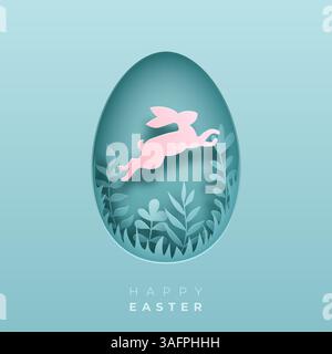 PaperCut Ostern Illustration mit einem rosafarbenen Kaninchen, das in einen eiförmigen Rahmen mit Blättern springt Stock Vektor