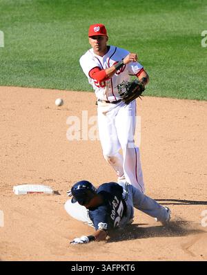23. September 2012 – Washington, DC, USA – Washington Nationals Shortstop Ian Desmond (20) dreht im neunten Inning im Nationals Park in Washington, D.C. am Montag, 24. September 2012 ein Doppelspiel gegen Milwaukee Brewers Center Fielder Carlos Gomez (27). Die Nationalmannschaft besiegte die Brewers mit 12:2. (Kreditbild: © Chuck Myers/MCT/ZUMAPRESS.com) Stockfoto
