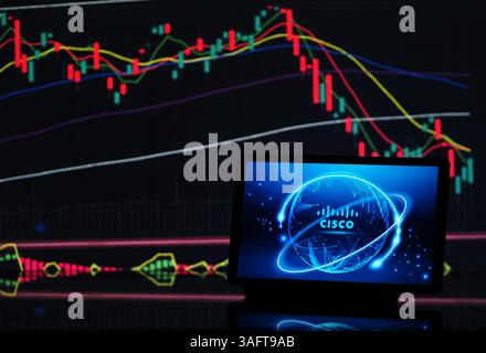 Bayern, Deutschland - 7. April 2025: In dieser Abbildung wird das Logo von Cisco Systems, Inc. Auf einem Monitor angezeigt. NUR REDAKTIONELLE VERWENDUNG! Stockfoto