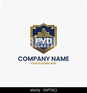 Das Schild-Logo mit Gebäuden und PYD-Initialen ist perfekt für Immobilien-, Bau- oder Immobilienfirmen, die eine kühne, professionelle Identität suchen Stock Vektor