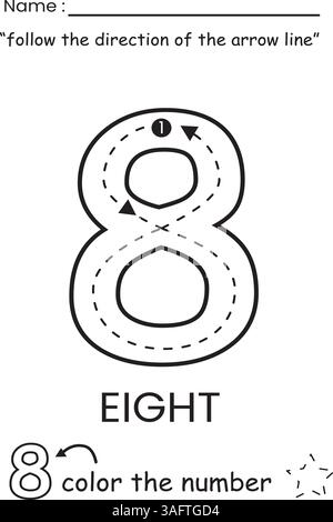 Arbeitsblatt für Nummernverfolgung und Ausmalen für Kinder Stock Vektor