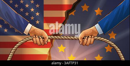 Handelskrieg USA EU-Tauschkrieg-Konzept mit Händen, die Seil gegen amerikanische und europäische Flaggen ziehen, symbolisiert Zollkonflikte Stock Vektor