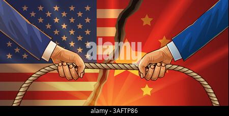 USA China Handelskriegskonzept mit zwei Händen, die an einem Seil gegen den Hintergrund amerikanischer und chinesischer Flaggen ziehen, was wirtschaftliche Spannungen symbolisiert Stock Vektor