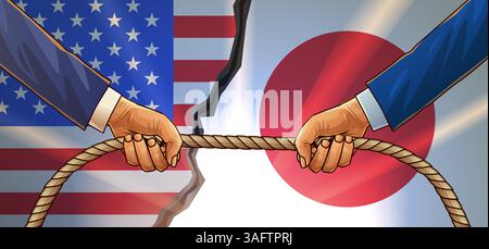 Handelskrieg USA Japan Konzept Illustration. Die Hände ziehen die Seile gegen gespaltene US-japanische Flaggen, die den wirtschaftlichen Konflikt symbolisieren Stock Vektor