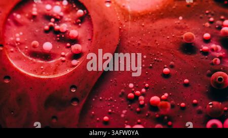 Öl Art. Farbmischung. Defokussierte rote rosa karmesinrote Farbtinte Wasserblasen Tropfen fleckige kugelförmige Textur, die sich auf abstraktem Hintergrund verbreitet. Stockfoto