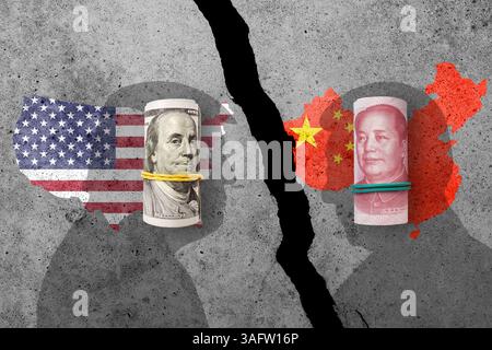 USA und China Flaggen an einer Betonmauer. Handelskrieg der USA und Chinas. China und die Vereinigten Staaten von Amerika im Handelswettbewerb Stockfoto