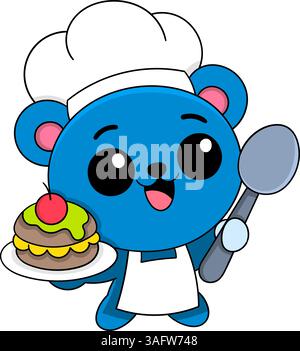 Ein bezaubernder blauer Cartoon-Charakter, der einen weißen Hut und eine Schürze trägt und ein Dessert mit Kirsche hält Stock Vektor