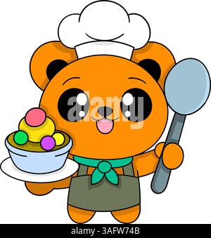 Ein entzückender Cartoon-Teddybär, der einen weißen Hut und eine Schürze trägt, einen großen Löffel und eine Schüssel mit bunten süßen Desserts hält Stock Vektor