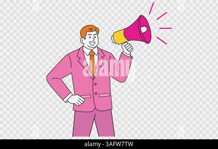 Geschäftsmann, der eine Ankündigung Vektorkunst isoliert auf transparentem Hintergrund und editierbarem Strich macht Stock Vektor