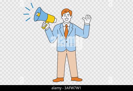 Geschäftsmann, der eine Ankündigung Vektorkunst isoliert auf transparentem Hintergrund und editierbarem Strich macht Stock Vektor