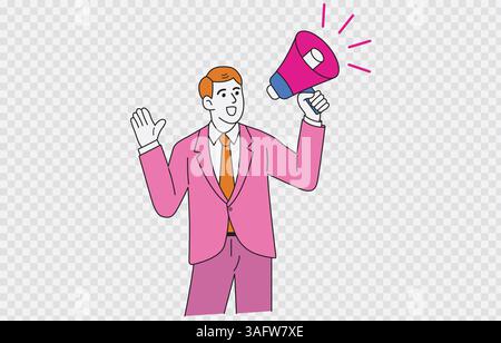 Geschäftsmann, der eine Ankündigung Vektorkunst isoliert auf transparentem Hintergrund und editierbarem Strich macht Stock Vektor