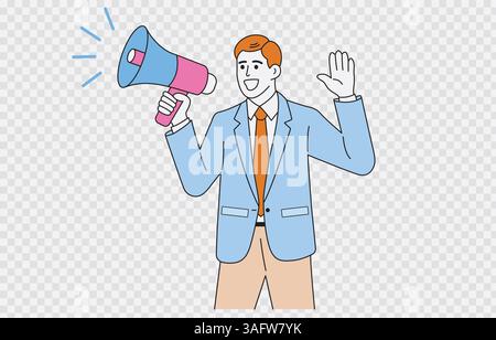 Geschäftsmann, der eine Ankündigung Vektorkunst isoliert auf transparentem Hintergrund und editierbarem Strich macht Stock Vektor