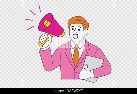 Geschäftsmann, der eine Ankündigung Vektorkunst isoliert auf transparentem Hintergrund und editierbarem Strich macht Stock Vektor