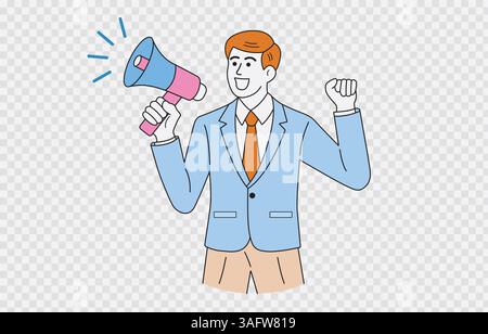 Geschäftsmann, der eine Ankündigung Vektorkunst isoliert auf transparentem Hintergrund und editierbarem Strich macht Stock Vektor