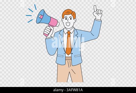 Geschäftsmann, der eine Ankündigung Vektorkunst isoliert auf transparentem Hintergrund und editierbarem Strich macht Stock Vektor