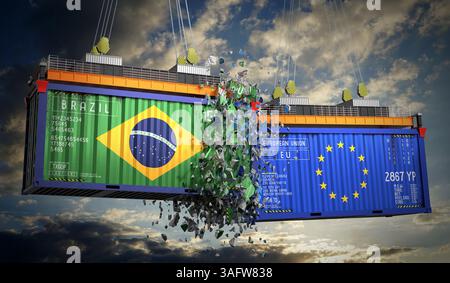 Frachtcontainer mit Flaggen Brasiliens und der Europäischen Union – 3D-Illustration Stockfoto
