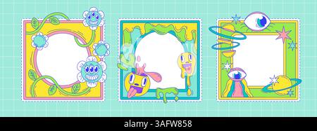 Psychedelisches 70er Jahre Rahmenset - bunte, funkige Cartoon-Blumenränder, surreal groovige Kunstillustrationen, trippige Hippie-Design-Elemente mit verspielten Charakteren. Dekorative quadratische Kompositionen für Plakate. Stock Vektor