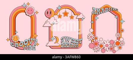 Groovige Vibe Sweet Dreams Border Elements - funky Regenbogenrahmen mit lächelnden Gesichtern und Wolken, Blumen und Sternen. Stickers im Hippie-Stil mit positivem Pastellstil und Zitaten in leuchtenden Farben im Retro-Look. Stock Vektor