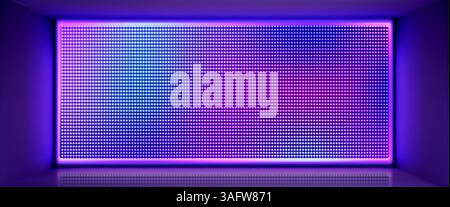 Blauer LED-Bildschirm im Zimmer. Vektor realistische Illustration von neonvioletten Licht Bühnenpaneelen, tv-Show, Stadion, Konzert oder Nachtclub Wandausrüstung, lcd-Anzeige mit Farbpunkten, Farblampen Raster Stock Vektor
