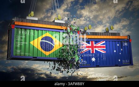 Frachtcontainer mit Flaggen von Brasilien und Australien – 3D-Illustration Stockfoto