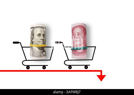 100 Dollar und 100 Yuan auf weißem Hintergrund mit dem Wort Tarifs. Handel und Zollkrieg ZWISCHEN DEN USA und China. Wirtschaftskrise, Inflation und Rohstoffpreise Stockfoto
