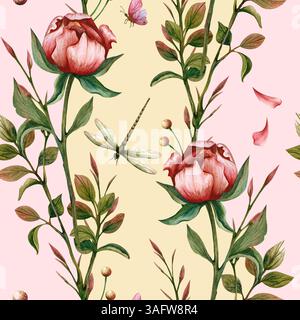 Pfingstrose, Blätter und Insekten nahtloses Muster. Aquarellabbildung auf weichem gelbem rosa Hintergrund. Handgezeichnete Libelle und Schmetterling für Stockfoto