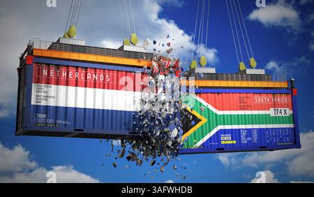 Frachtcontainer mit Flaggen der Niederlande und Südafrikas – 3D-Illustration Stockfoto
