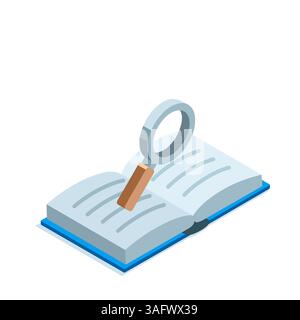 Isometrisches Symbol eines geöffneten Buches und eine farbige Lupe auf weißem Hintergrund, Lesen oder Bibliothek Stock Vektor