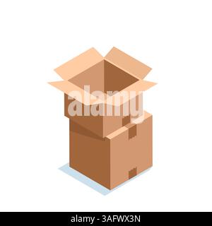 Isometrische geschlossene und offene Kartons in Farbe auf weißem Hintergrund, die ein Paket oder eine Ladung verpacken Stock Vektor