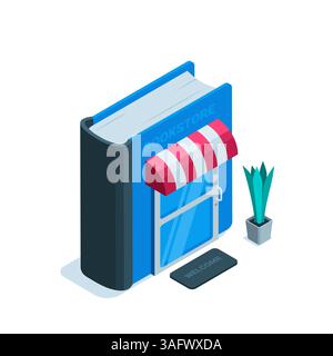 Isometrisches Buch mit farbiger Ladenfassade auf weißem Hintergrund, Buchhandlung oder Messen Stock Vektor